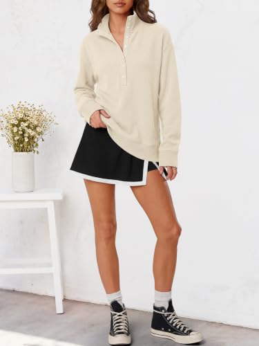 ANRABESS Women's Waffle Knit Henley Sweatshirt - Medium Beige