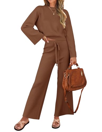 ZESICA 2-Piece Knit Sweater Set for Women, Caramel Small Loungewear Outfit