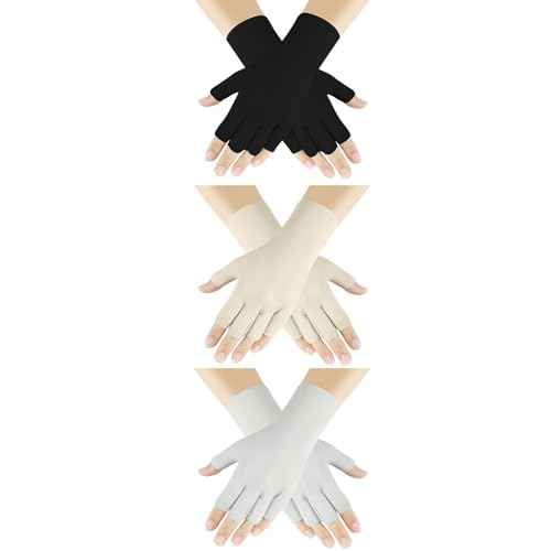 Senkary 3 Pairs Sun Protection Gloves – Ice Silk Fingerless UV Protection Driving Gloves in Khaki, Gray & Black