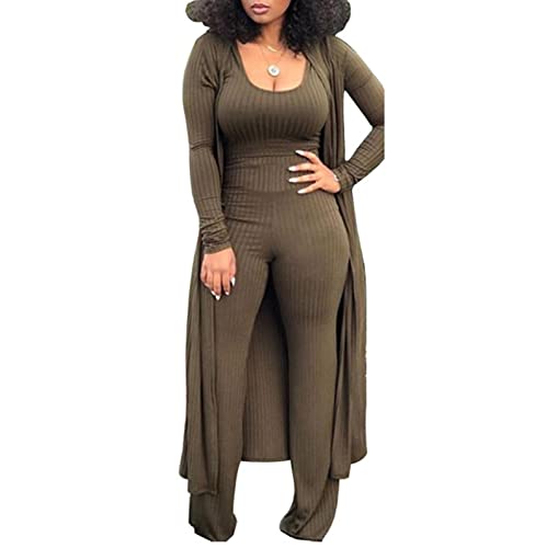 HANMAX Women’s Winter Knit Tracksuit Set - Blazer Coat & Long Pants, Army Green, Large