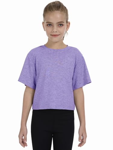 Girls Short Sleeve Crop Top - Athletic Crew Neck Basic Tee - Purple, 5-6Y