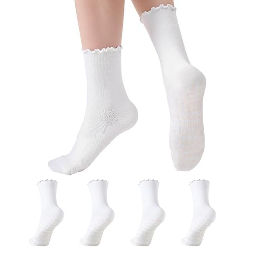 Pilates Socks for Women - Non-Slip Grip Ruffle Crew, 4 Pairs White