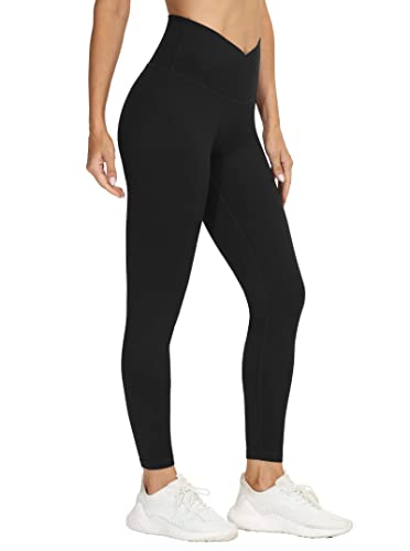 Women’s V Cross Waist Yoga Leggings - Tummy Control Workout Pants, Medium, Black