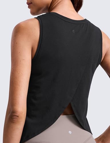 CRZ YOGA Cotton-Blend Open Back Tank Top for Women - Medium Black
