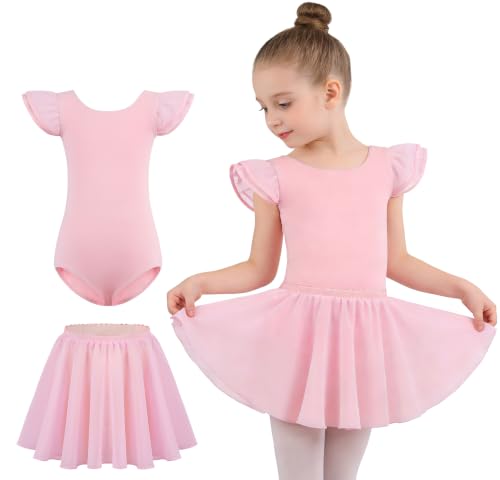 Toddler Girls Ballet Leotard with Flutter Sleeve and Tutu Skirt