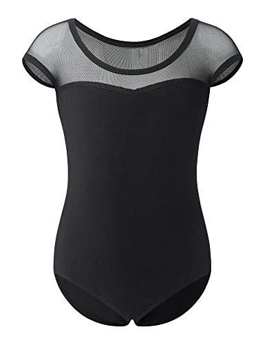 Stelle Girls Ballet Leotard with Cotton Mesh Cap Sleeves for Dance Class, 8-9 Years, Black