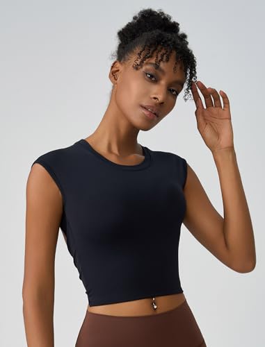 ABOCIW Women’s Twist-Back Built-In Bra Crop Top Black Small – Yoga & Pilates Gym Top