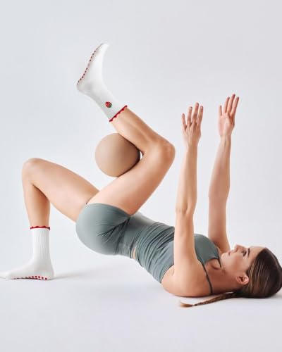 Non-Slip Pilates Grip Socks with Ruffle Trim - Strawberry, One Size