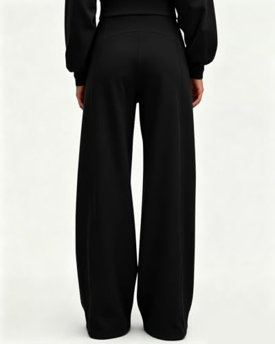 QINSEN Women's High-Waisted Wide Leg Yoga Pants with Zipper Pockets - Long 31.5", Black, Medium