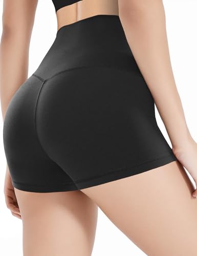 High Waisted Biker Shorts for Women - Soft Stretch Tummy Control - Black, Large