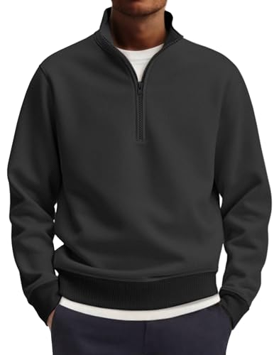 COOFANDY Men’s Quarter Zip Mock Neck Lightweight Sweatshirt Polo Top - Black, Medium
