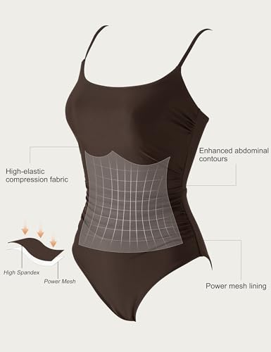 SUUKSESS Women's Brown Medium Tummy Control One-Piece Swimsuit with Crisscross Backless Design