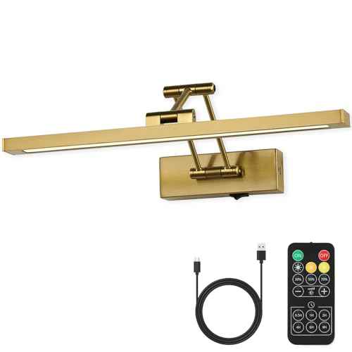Joossnwell Battery Operated Picture Light with Remote Wireless Art Lights for Paintings Brass Gallery Light Dimmable & Timer Rechargeable Picture Lighting for Wall 15.35 Inch for Artwork Frame