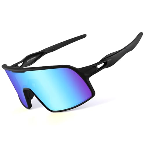 Polarized Sports Sunglasses for Men and Women - Black Frame with Blue Lens