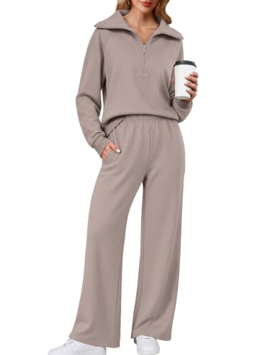 Sampeel Women's Cozy Two Piece Sweat Sets - Lounge Matching Clothing, Medium Coffegrey Pink