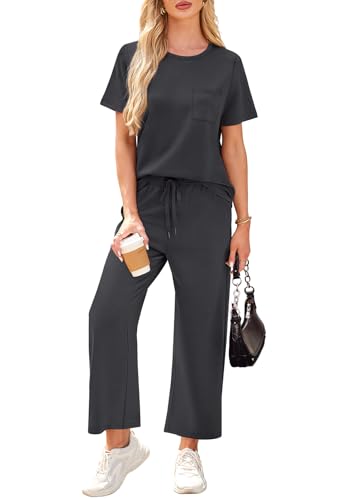 WIHOLL Women's Casual Summer Travel Outfit Set - Medium Dark Grey, Short Sleeve & Wide Leg Crop Pants