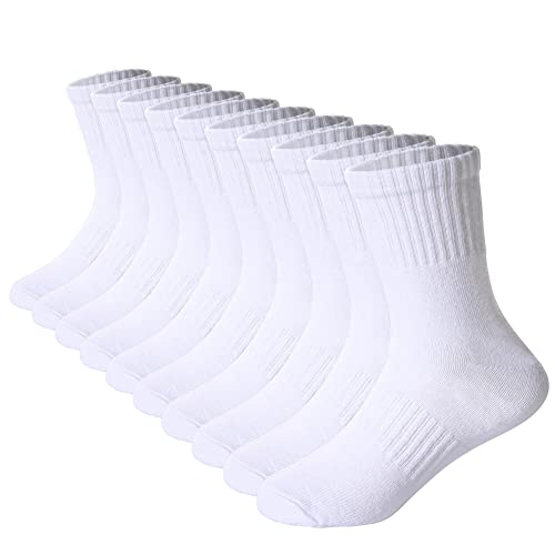 Kids Athletic Crew Socks - 10 Pairs White, 9-12 Years