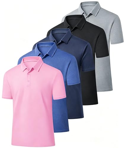 ZITY 5 Pack Men's Short Sleeve Moisture-Wicking Golf Polo Shirts, X-Large, Black/Light Grey/Pink/Blue/Grey Blue
