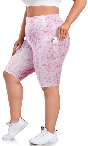Plus Size Biker Shorts with Pockets - High Waist, Pink Leopard 3X-Large