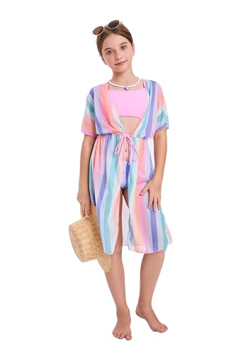 Kids Girls Bikini Set 3-Piece Swimsuit with Multicolor Stripes & Quick Dry Cover-up
