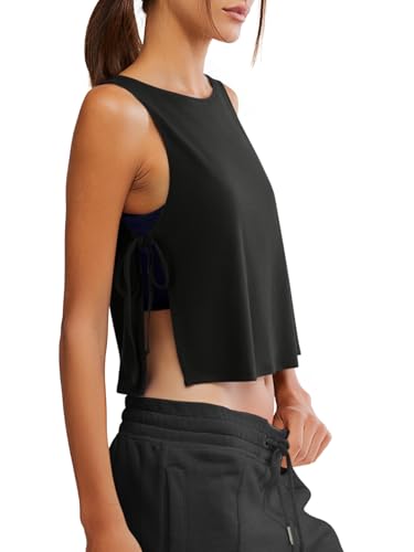 Women's Sleeveless Workout Tank Top with Side Tie - Black, Small