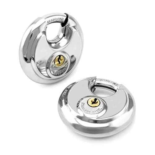 QWORK Keyed Alike Disc Padlock, 8 Pack Stainless Steel Discus Lock with 3/8-Inch Shackle, 2-3/4 in Wide, for Garages, Fence, Sheds and Storage Unit
