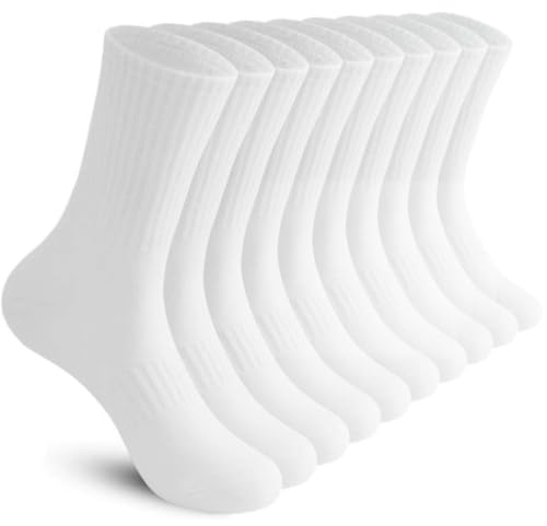 Rehelu Men's Thin Cotton Crew Socks 5 Pairs - Athletic Running Gym Socks, Size 9-11, White