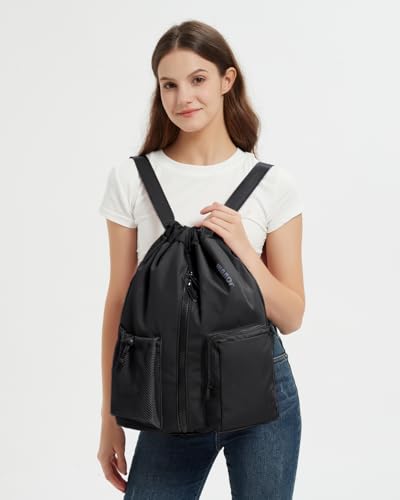 WANDF Medium Drawstring Gym Backpack with Shoe Compartment - Black
