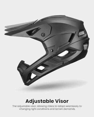 Full Face Mountain Bike Helmet - Adjustable Visor, Matte Black, Large