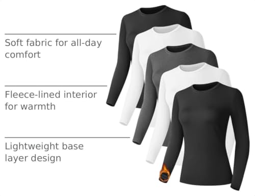 Kinglaman Women's Thermal Fleece Lined Long Sleeve Shirts 5 Pack - Black, White, Heather Grey, Large