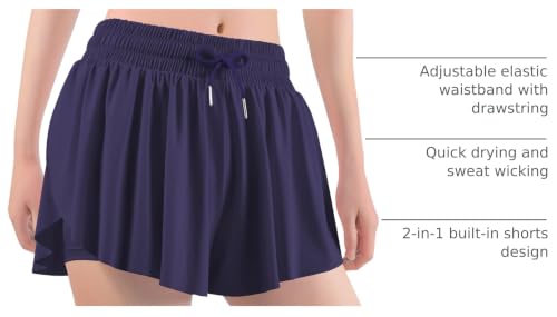 Butterfly Shorts for Girls - 2-in-1 Flowy Athletic Shorts with Pocket - Quick Dry, Navy, 9-10 Years