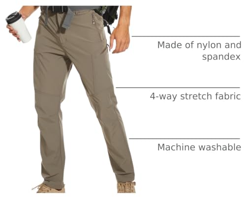 Men's Water-Resistant Hiking Pants - Lightweight Travel Pants, Khaki Grey, 34W x 30L, Belt Included