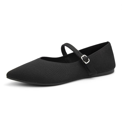 AprCoco Black Knit Pointed Toe Ballet Flats for Women with Ankle Strap - Casual & Comfortable