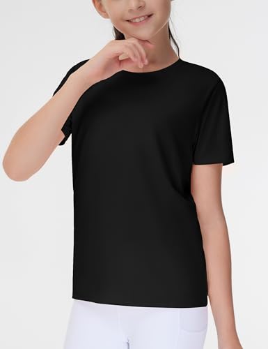 Girls Workout Shirt - Black Crewneck Running Yoga Tee - Small