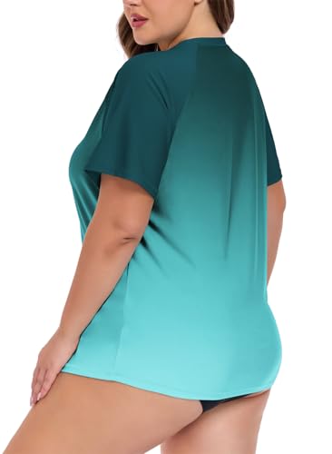 Plus Size Women's UPF 50+ Short Sleeve Rash Guard Swim Top - Green Tie Dye, 3X-Large