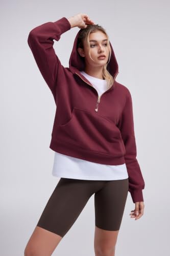 SUUKSESS Women's Gold Half Zip Cotton Hoodie - Casual Pullover Sweatshirt, Medium/Wine Red