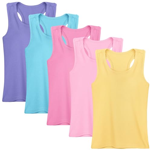 5 Pack Girls Racerback Tank Tops Cotton Sleeveless Undershirts 2T-16Y - Includes Lavender, Sky Blue, Pink, Light Pink, Yellow