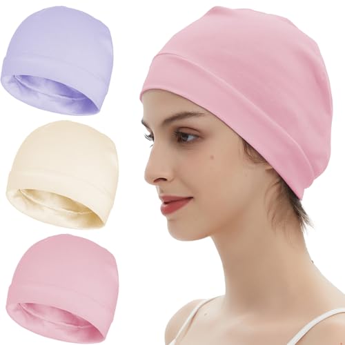100% Cotton Skull Caps Beanie Sleeping Hats - 3 Pieces Beige, Light Purple, Pink