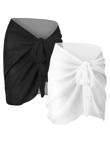 2PCS Chiffon Sarong Swimsuit Cover Up for Women - Black & White, Large