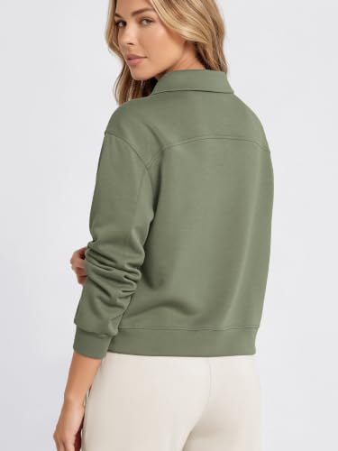 ODODOS Women's Modal Half-Zip Collared Sweatshirt - Relaxed Fit with Pockets, Dark Sage / Medium