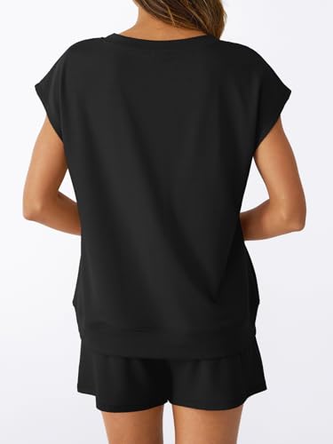 AUTOMET 2-Piece Summer Short Set for Women, V-Neck Cap Sleeve Lounge Clothing, Large / Black