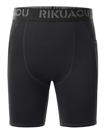 Boys Compression Shorts with Pockets - Athletic Underwear, Large Black