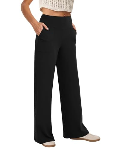 Wide Leg Yoga Pants for Women - High Waist, Large, Black