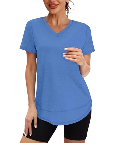 XIEERDUO Women’s UPF 50+ Quick Dry Short Sleeve Hiking & Running Top, V-Neck, Blue, XL