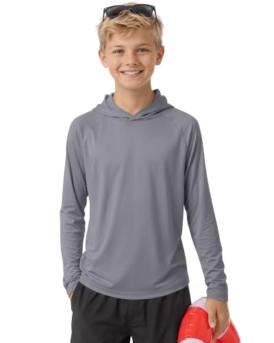 Boys Long Sleeve Rash Guard Hoodie UPF50+ - Gray, 7-8 Years