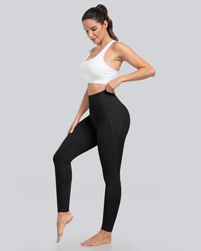 High Waisted Tummy Control Leggings with Pockets - Large Black