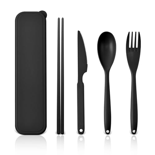 Large Reusable Travel Utensils Set with Case, Plastic Camping Cutlery - Black