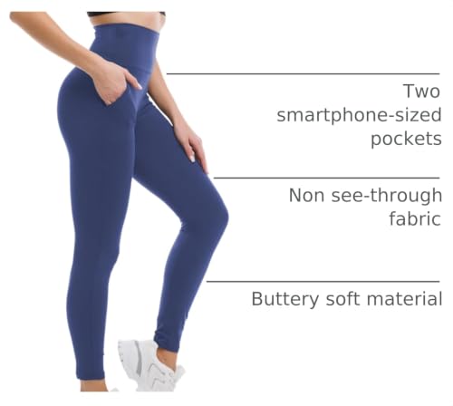 High Waisted Leggings with Pockets for Women - Navy, Small-Medium