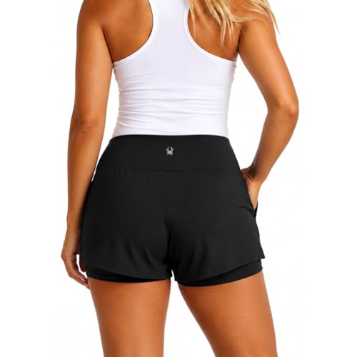 Spyder Women’s 2-in-1 Running Shorts X-Large Black – Quick-Dry Stretch, with Compression Liner & Pockets