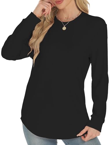 Long Sleeve Tunic Top for Women - Crew Neck Side Split - Black, Medium